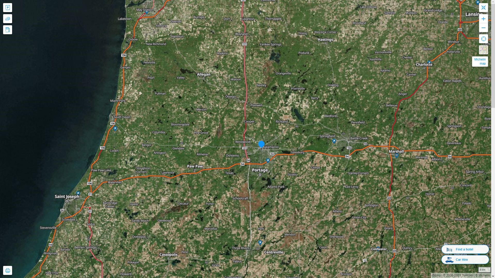 Kalamazoo Michigan Highway and Road Map with Satellite View